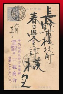 K31百円〜　鉄郵印｜菊1銭5厘枠無し葉書　鉄郵印：東京長(野線)/下一/43.6.23/上長間/東京発前7.55　着印有り　エンタイア