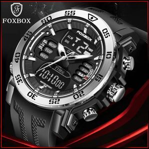 新品 FOXBOX デュアルウォッチ50M防水メンズ腕時計 ラバーストラップ ブラック＆シルバー