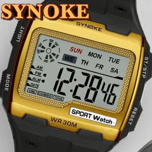 新品 SYNOKE ビッグフェイスデジタル 防水 デジタルストップウォッチ メンズ腕時計 スクエア ゴールド