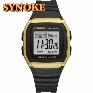 新品 SYNOKEスポーツデジタル 防水 デジタルストップウォッチ メンズ腕時計 スクエア ブラック&ゴールド