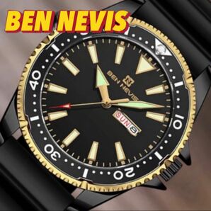 新品 BEN NEVIS ダイバーズタイプ ニューファッションウォッチ デイデイト ブラックフェイス ゴールド