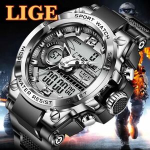 新品 LIGE スポーツデュアルウォッチ 50m防水腕時計 メンズ腕時計 シルバー＆ブラック
