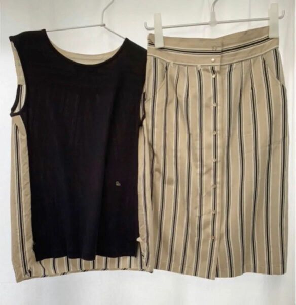 ★限定SALE★早い者勝ち！美品◆Beige striped back style setup dress◆セットアップ◆シルク