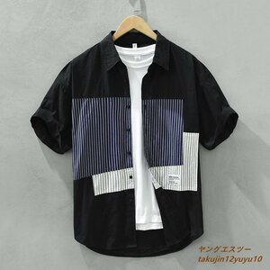 夏新品 メンズ 半袖シャツ ワイシャツ 切替 Tシャツ ストライプ柄 カジュアル 春夏シャツ コットン ゆったり 二色選択可 ブラック S