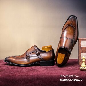 定価8万 最高級 メンズシューズ 人気新品 ビジネスシューズ モンクストラップ 職人手作り 本革 レザーシューズ 紳士靴 ブラウン 24.5cm
