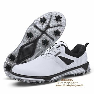 高級品 メンズ ゴルフシューズ 運動靴 フィット感 スポーツシューズ スパイク 強いグリップ 軽量 弾力性 通気性 防滑耐磨 撥水 白 27.5cm
