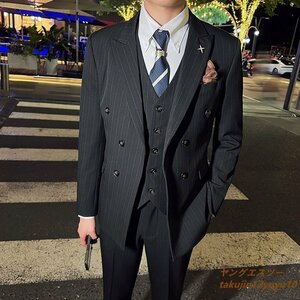 スリーピース メンズ ダブルスーツ スーツセット 極上新品♪ ストライプ柄 シングルスーツ 結婚式スタイリッシュ二つボタン背広 黒 5XL