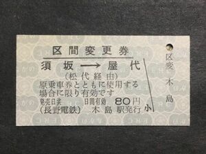 古い切符＊区間変更券 須坂→屋代 (松代経由) 80円 (長野電鉄) 木島駅発行＊鉄道 資料