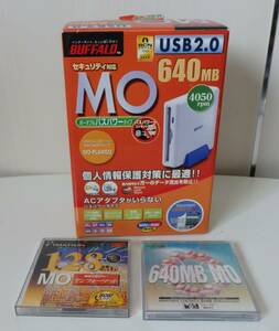 外付けMOドライブ MOディスク2点 3点まとめ★BUFFALO MO-PL640U2 USBケーブル 台 外箱付き★FUJITSU 640MB （未開封）・MATION 128MB