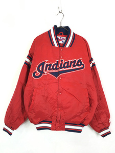 古着 90s MLB Cleveland Indians インディアンズ 光沢 サテン スタジャン ジャケット L 古着