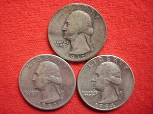 ♯世界の銀貨　UNITED STATES　Washington Quarters ( 1935-S / 1943-S / 1964-D )) ３枚一括　総重量約18.41g　中古並品～　