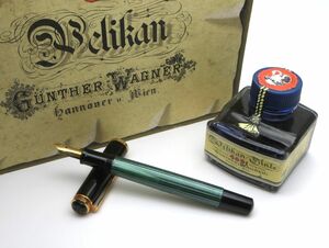 1000円スタート 万年筆 PELIKAN ペリカン ペン先14C 585 F刻印 緑縞 グリーンストライプ×ブラック ボトルインク/箱付 文房具 10 G60007