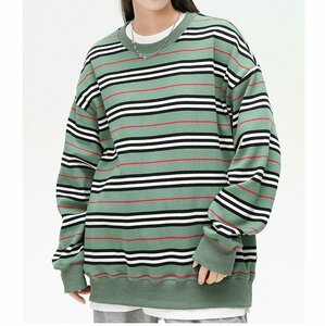 新品 マルチボーダー スウェットシャツ Crew Neck Sweatshirt グリーン系サイズ L