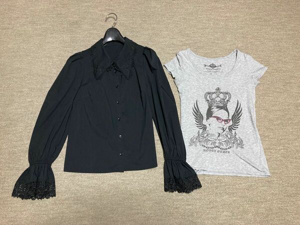 2点セット★極美品ロイヤルパーティー長袖ブラウス＋ロイヤルオーダーTシャツ★ブラック黒フリル長袖シャツ