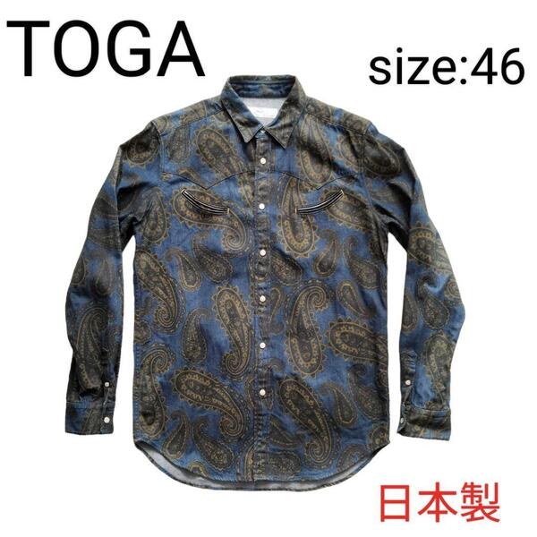 送料無料 TOGA virilis ペイズリー ウエスタン デニムシャツ size46 トーガ 日本製 インディゴ