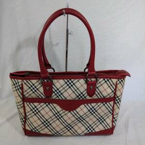 【BURBERRY】バーバリー トートバッグ ベージュ レッド ノバチェック キャンバス レザー【ブランド ショルダーバッグ 肩掛け お洒落】32