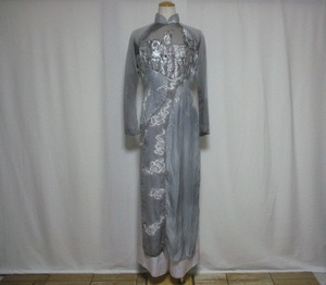 民族衣装 コスプレ パーティ 舞台衣装●ベトナム アオザイ風 チャイナドレス Lサイズ 銀ラメ柄