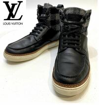 LOUIS VUITTON ダミエ ウール×レザー ハイカットスニーカー ルイヴィトン レザーシューズ ブーツ レースアップ ブラック グレー 7 1/2_画像1