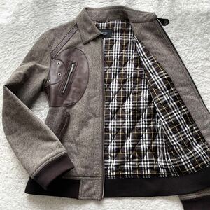 極美品 バーバリーブラックレーベル BURBERRY BLACK LABEL ノバチェック ラムレザー切替 キルティング ネップツイード ジャケット ブルゾン