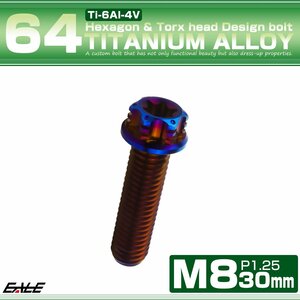 チタンボルトM8×30mm P1.25 フランジ付き 六角ボルト トルクス穴 ワイヤーロックホール付き 焼きチタン JA1394