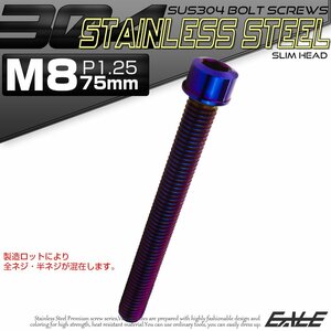 キャップボルト M8×75mm P1.25 六角穴付きボルト スリムヘッド 焼きチタンカラー カスタムボルト ステンレス製 TB1130