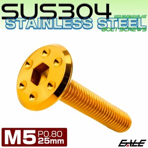 ステンレスボルト M5×25mm P0.8 ホールヘッド フラット 六角穴付 ボタンボルト SUS304 ゴールド TR0960