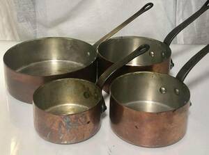 SALE ** recommendation ** COPPER PANS 4 PIECES SET copper made single-handled pot 4 piece set ( size is photograph . please verify ) business use kitchen equipment used.