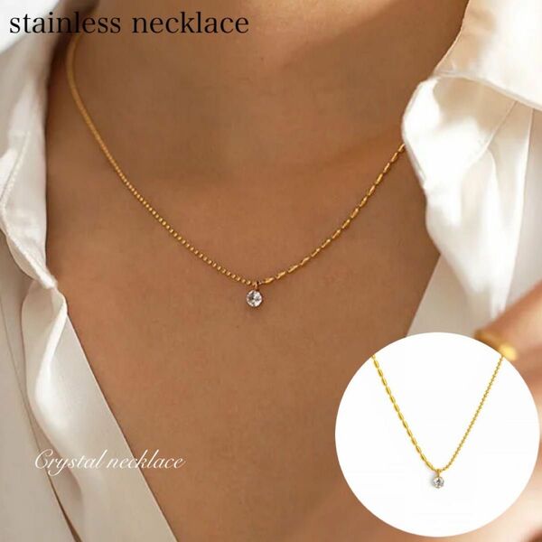 ステンレスネックレス　stainless necklace シンプル　アシンメトリーネックレス　ジルコニア　ゴールド