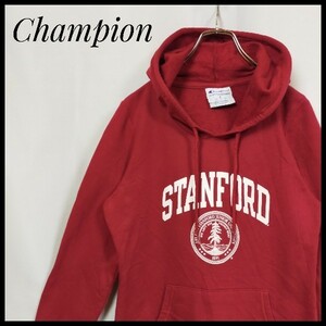 チャンピオン プルオーバーパーカー STANFORDロゴ 裏起毛 デカロゴ スウェット 濃赤色 樹木 ツリー ネイチャー 一点もの 激レア