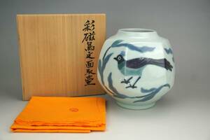 鳳】日本工芸会正会員『島田文雄』作　彩磁鳥紋面取壷☆共箱　共布　花器　花瓶　茶道具　本物保証　美品