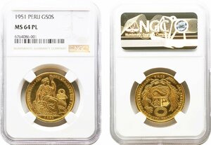 ペルー　50ソル金貨　1951年　未使用品プルーフライク　座像の女神　発行数5,292枚　NGC(MS64PL)