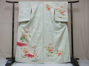 1円 中古 正絹 着物 小紋 縮緬 アンティーク 菊 桐 雲 草花 お洒落 高級 袷 身丈157cm 裄61cm【夢職】★★★