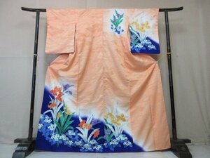 1円 良品 化繊 着物 訪問着 カトレア 百合 洋花 草花 かわいい おしゃれ 高級 袷 身丈155cm 裄65cm【夢職】★★★