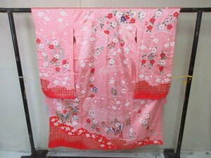 1円 良品 正絹 女児 子供着物 縮緬 七五三 舞蝶 波 枝垂れ桜 桜吹雪 高級 袷 身丈133cm 裄57cm 【夢職】★★★