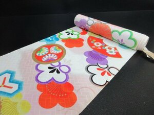 1円 良品 化繊 女児着物 アンティーク レトロ 着尺 毘沙門亀甲 梅 草花 地紙 高級 反物 長さ816cm 未使用 ◆逸品◆【夢職】★★★★