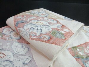 1円 良品 正絹 開き名古屋帯 紬 白 オリエンタル草花 花唐草 裂取 可愛い 六通柄 八寸帯 長さ325cm【夢職】★★★