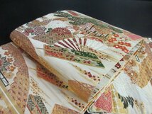 1円 良品 正絹 丸帯 総刺繍 アンティーク 大正浪漫 飛鶴 扇子 御所車 古典文様 全通柄 高級 長さ386cm◆逸品◆【夢職】★★★★_画像1