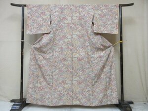 1円 良品 正絹 着物 小紋 縮緬 更紗 花唐草 裂取 四季花 草花 お洒落 高級 袷 身丈150cm 裄70cm【夢職】★★★