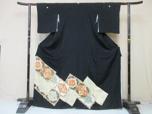 1円 良品 正絹 着物 留袖 縮緬 比翼付 格天井華文 向かい鶴 冠婚葬祭 高級 袷 身丈154cm 裄64cm【夢職】★★★