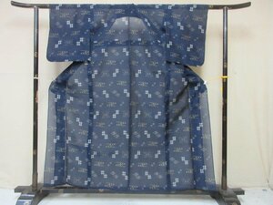 1円 良品 正絹 着物 琉球絣 夏物 紺 燕 幾何学 抽象 絣文様 お洒落 高級 単衣 身丈148cm 裄62cm◆逸品◆【夢職】★★★★