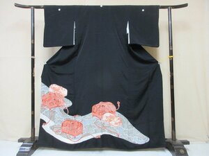 1円 良品 正絹 着物 留袖 縮緬 比翼付 文箱 ヱ霞 草花 高級 袷 身丈153cm 裄63cm◆逸品◆【夢職】★★★★