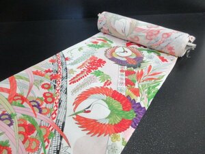 1円 良品 化繊 女児着物 アンティーク レトロ 着尺 鶴 菊 楓 草花 高級 反物 長さ1195cm 未使用 ◆逸品◆【夢職】★★★★