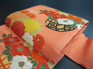 1円 良品 正絹 名古屋帯 綸子生地 アンティーク レトロ 花籠 椿 菊 草花 お太鼓柄 九寸帯 長さ337cm【夢職】★★★