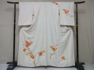 1円 中古 正絹 着物 訪問着 縮緬 正月 白 枝花 菊 梅 草花 おしゃれ 高級 袷 身丈151cm 裄66cm【夢職】★★★