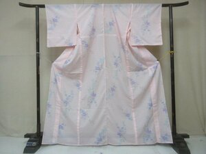 1円 良品 化繊 着物 小紋 洗える 絽 夏物 桃色 牡丹 菊 草花 高級 単衣 身丈157cm 裄66cm【夢職】★★★