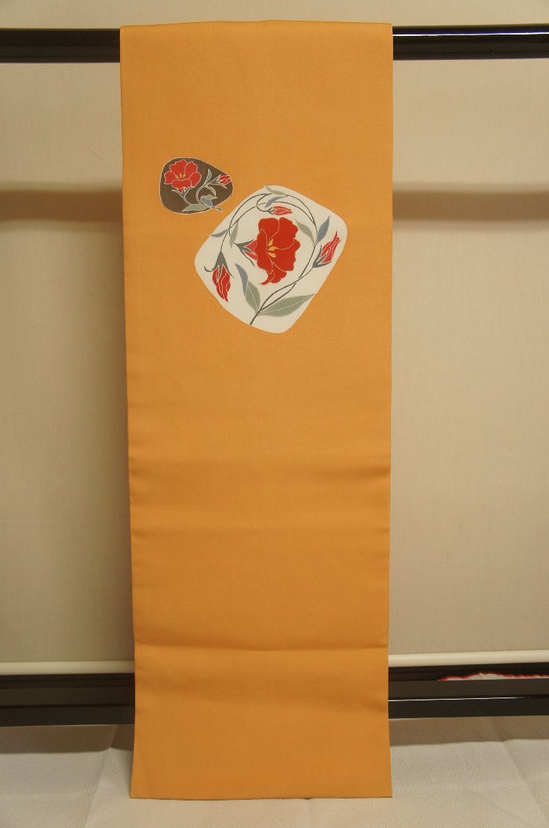 Reine Seide Shiose Konoe persimmonfarbenes handgemaltes Blumenmuster Nagoya Obi [N14683], Band, Nagoya-Obi, Maßgeschneidert