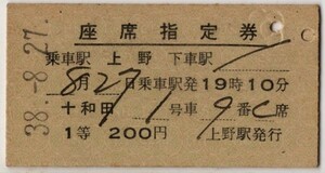 国鉄　A硬緑　座席指定券 １等　十和田　上野→ －　降車駅名以外印刷　上野駅発行　S38