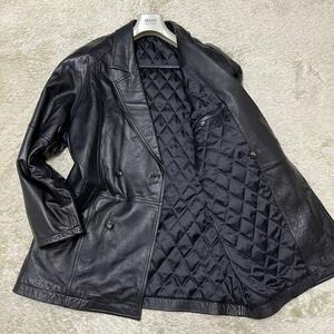【大きいサイズ美品】レザーコート　ラムレザー　ダブル　キルティング 黒　ブラック　LL XL　ロングコート　ダブルブレスト　羊革　