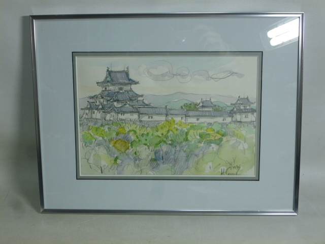 मित्सुशिगे सेनगोकू जल रंग पेंटिंग H78/9 फ़्रेमयुक्त महल परिदृश्य पेंटिंग जिगेनकाई सदस्य, चित्रकारी, आबरंग, प्रकृति, परिदृश्य चित्रकला