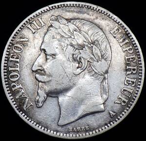 1868年 フランス 第二帝政期 ナポレオン3世 5フラン銀貨 大型銀貨 25g 37mm